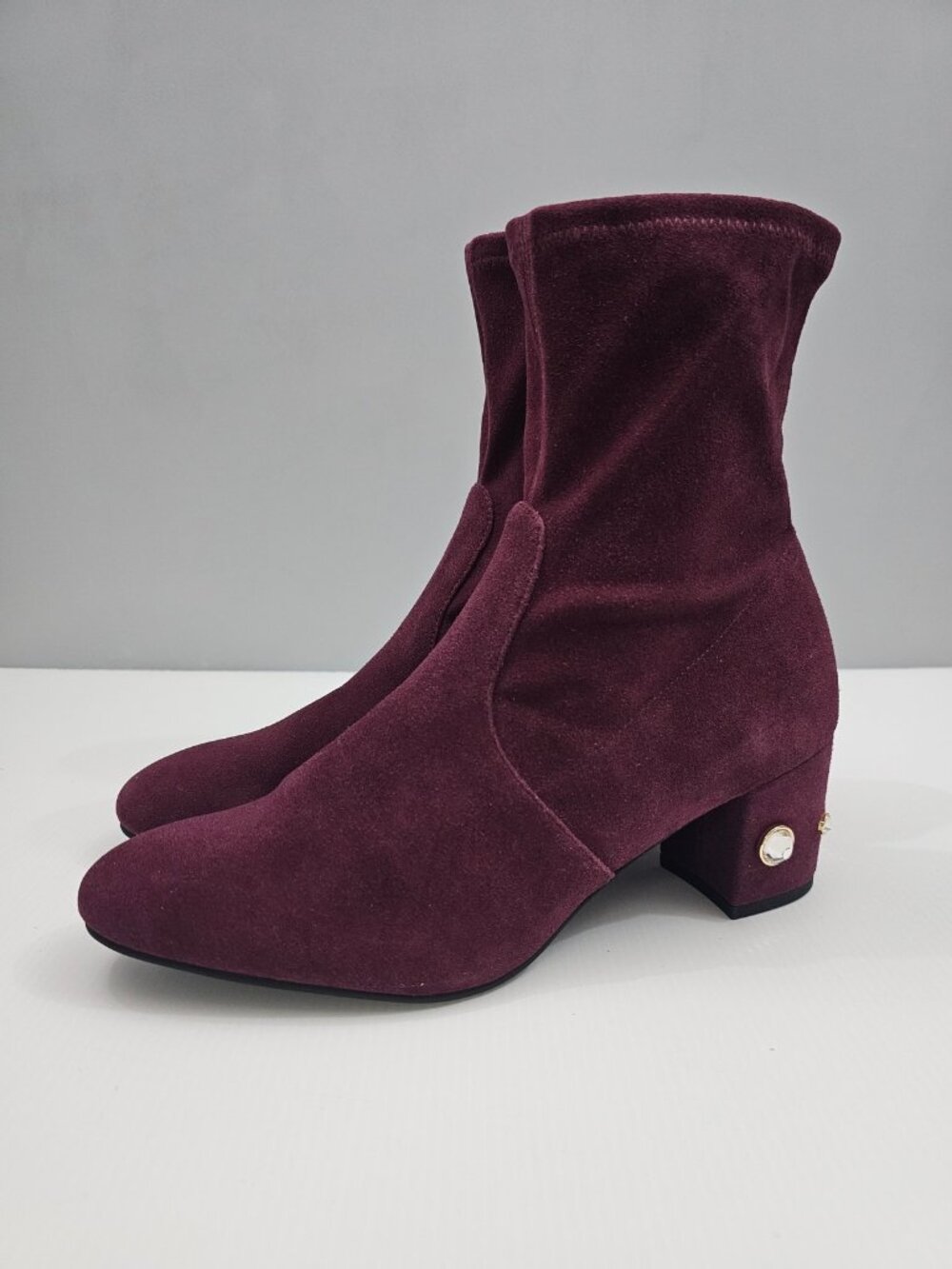 Stuart Weitzman Allshine Sock Ankle Boot Womens 9 Wine Burgundy Suede Block Heel